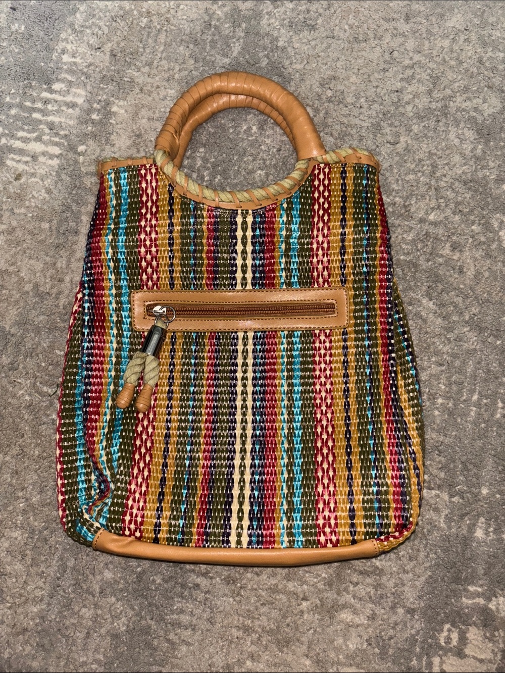 Braciano multicolored striped woven tote.